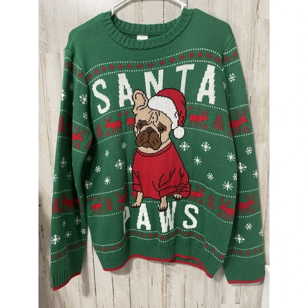 Holiday Time‎ French Bulldog Santa Paws Ugly Christmas Sweater Green XXL